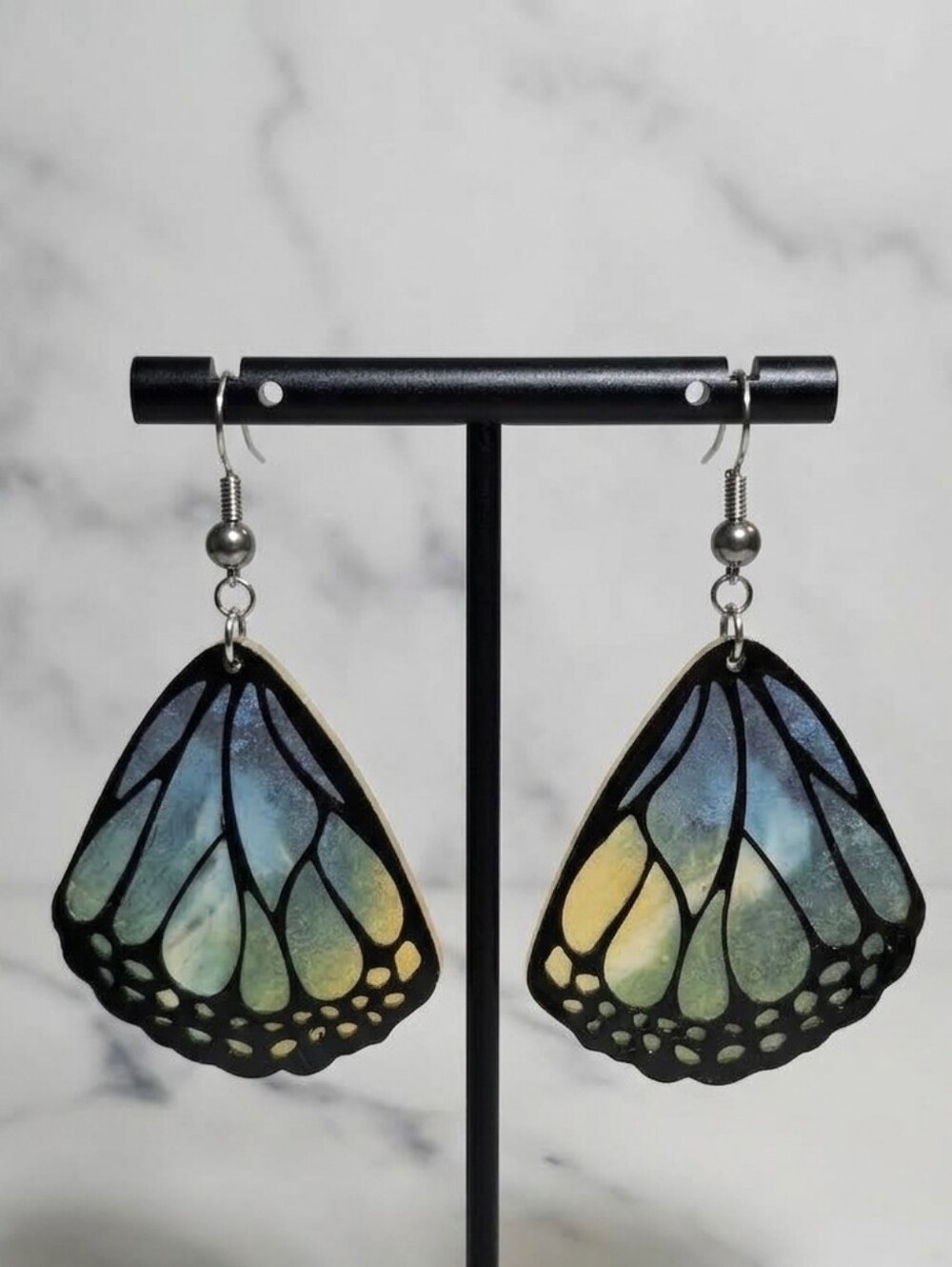 Boho Blue & Yellow Monarch Butterfly Wing Earrings | Hypoallergenic Ball Post